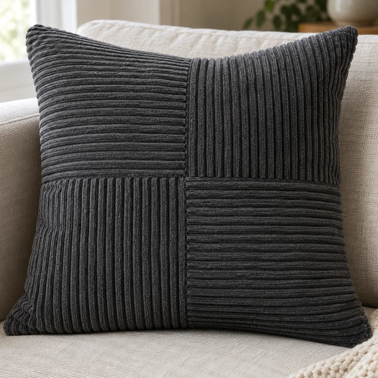 Close-up of charcoal corduroy patchwork pillow