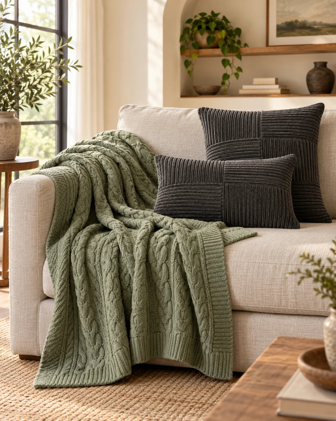Sage throw blanket and charcoal pillows styled together