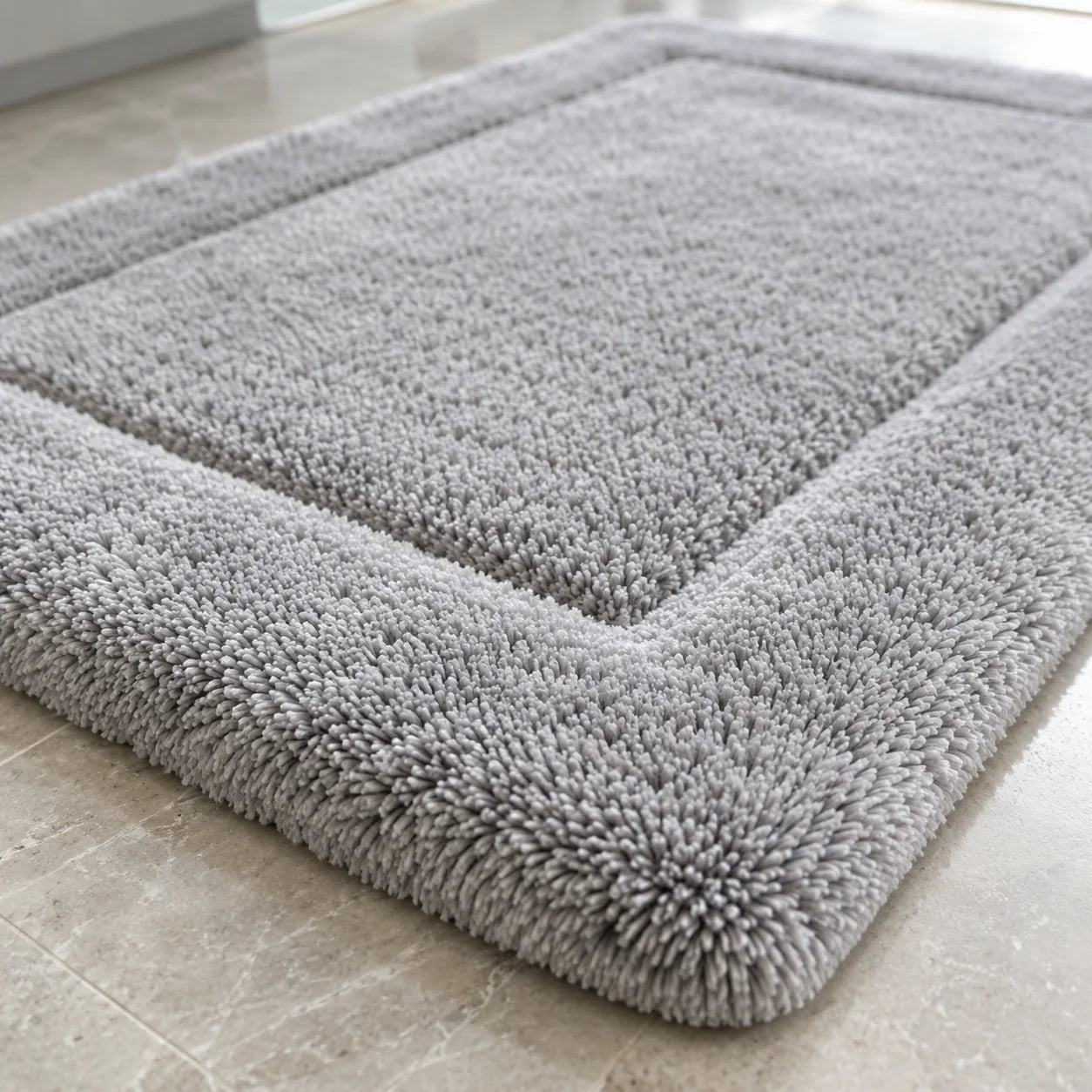 Close-up of light gray plush geometric bath mat