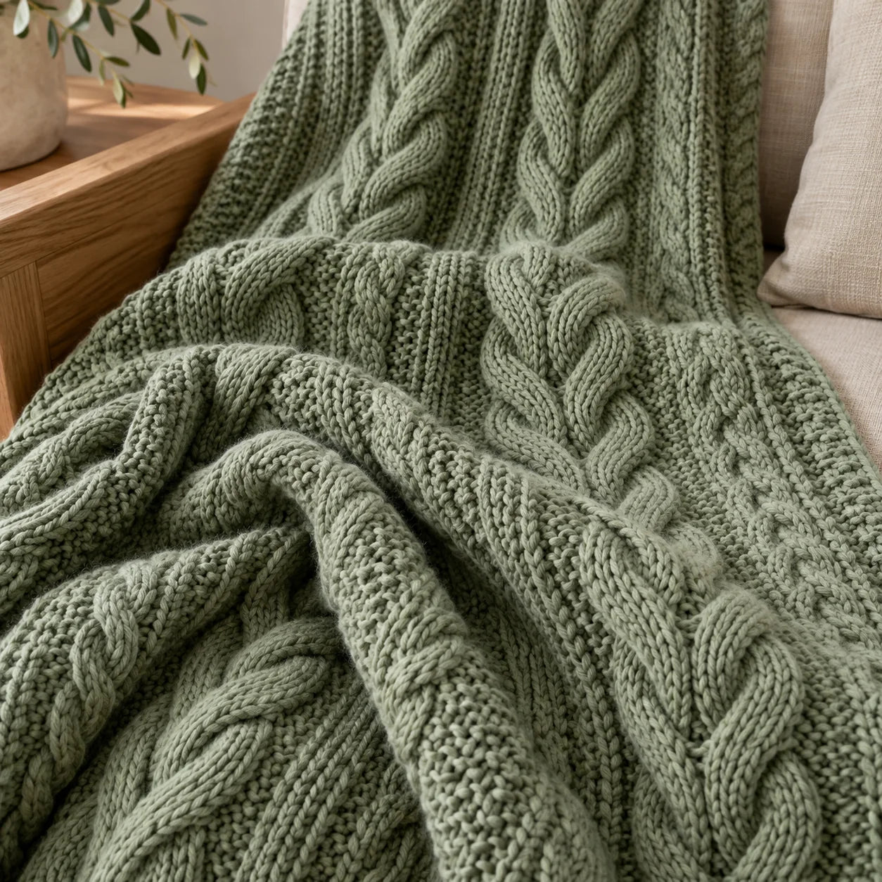 Close-up of sage green cable pattern throw blanket