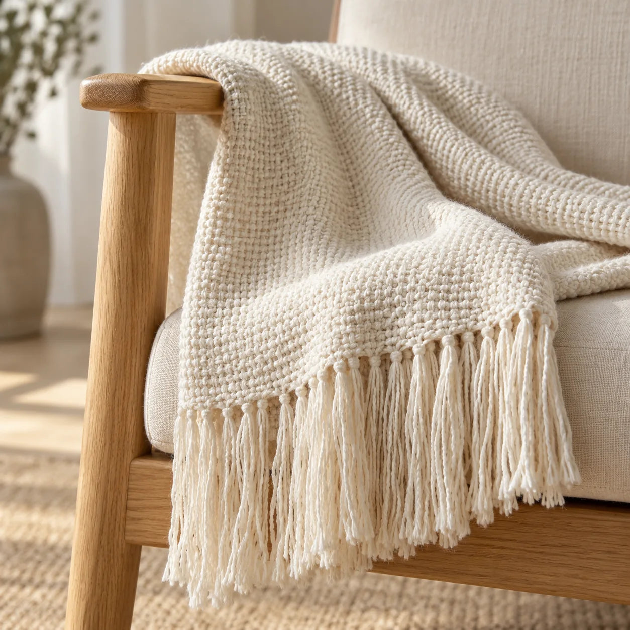 Close-up of cream woven throw blanket fringe