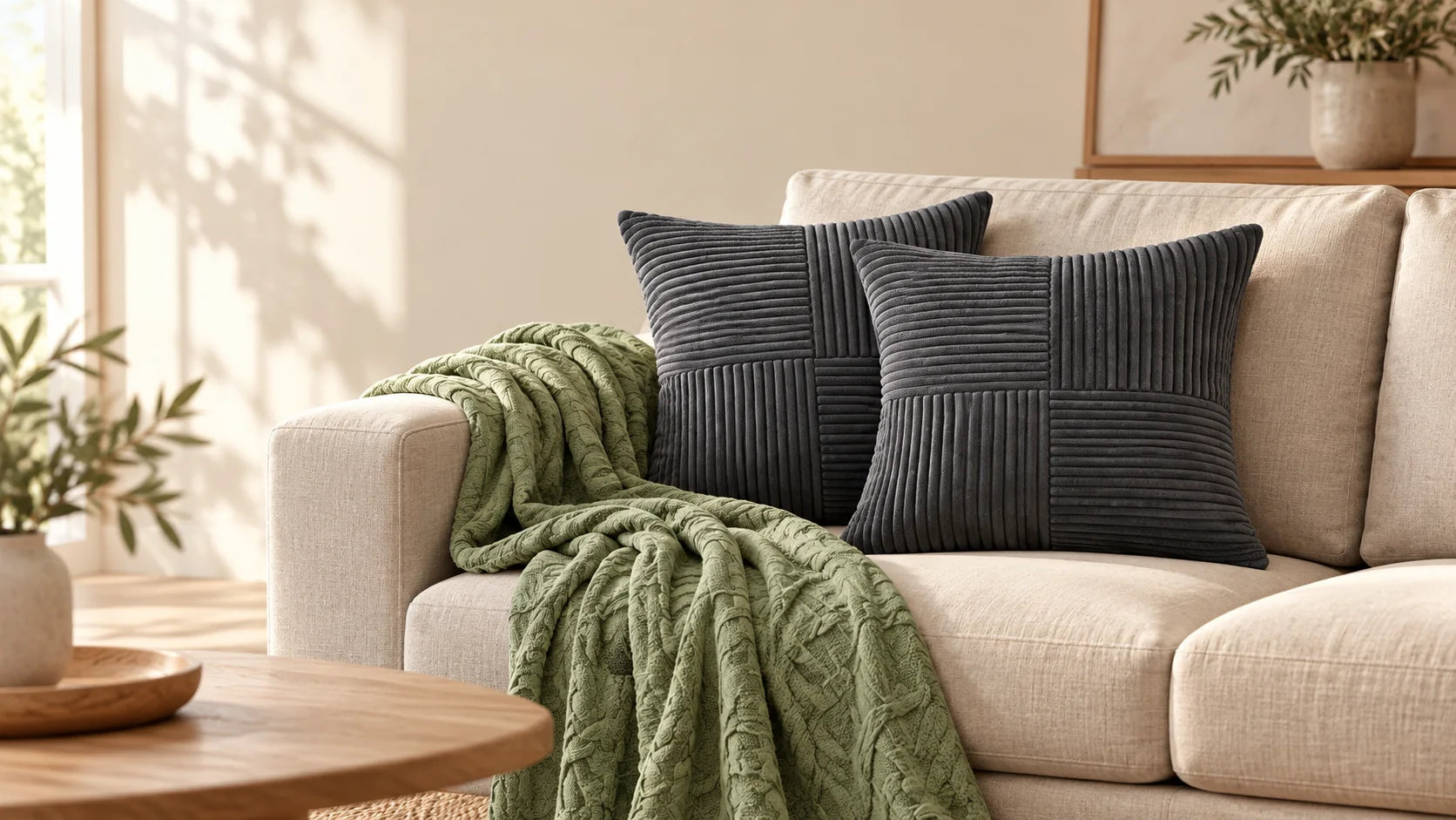 Cavorelife sage throw blanket and charcoal corduroy pillows in a calm living room